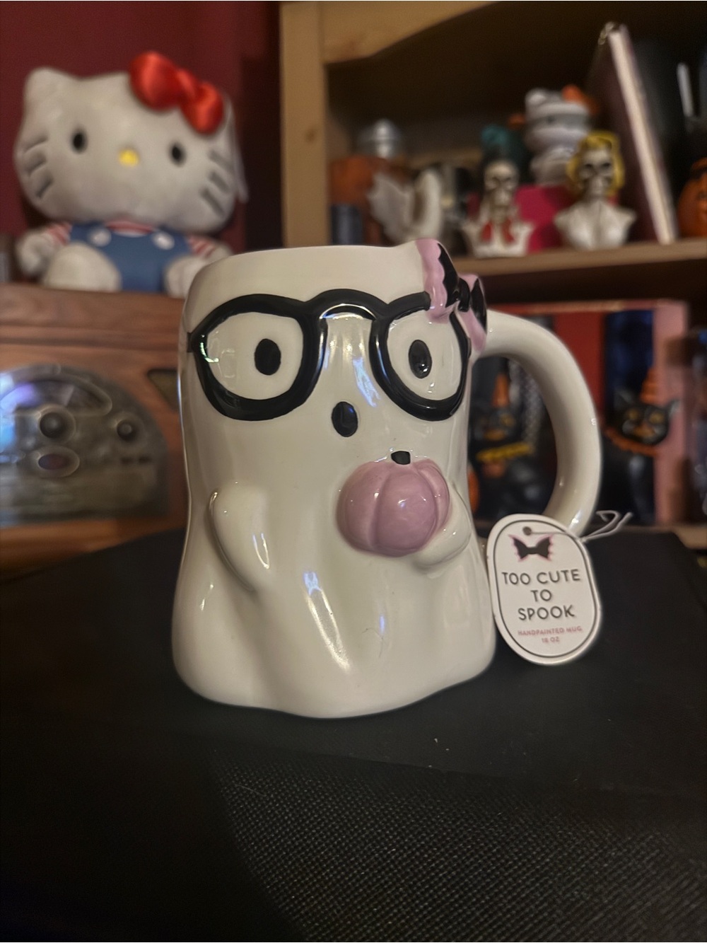Eccolo White Ghost Girl Mug with Black Glasses and Pink Bow